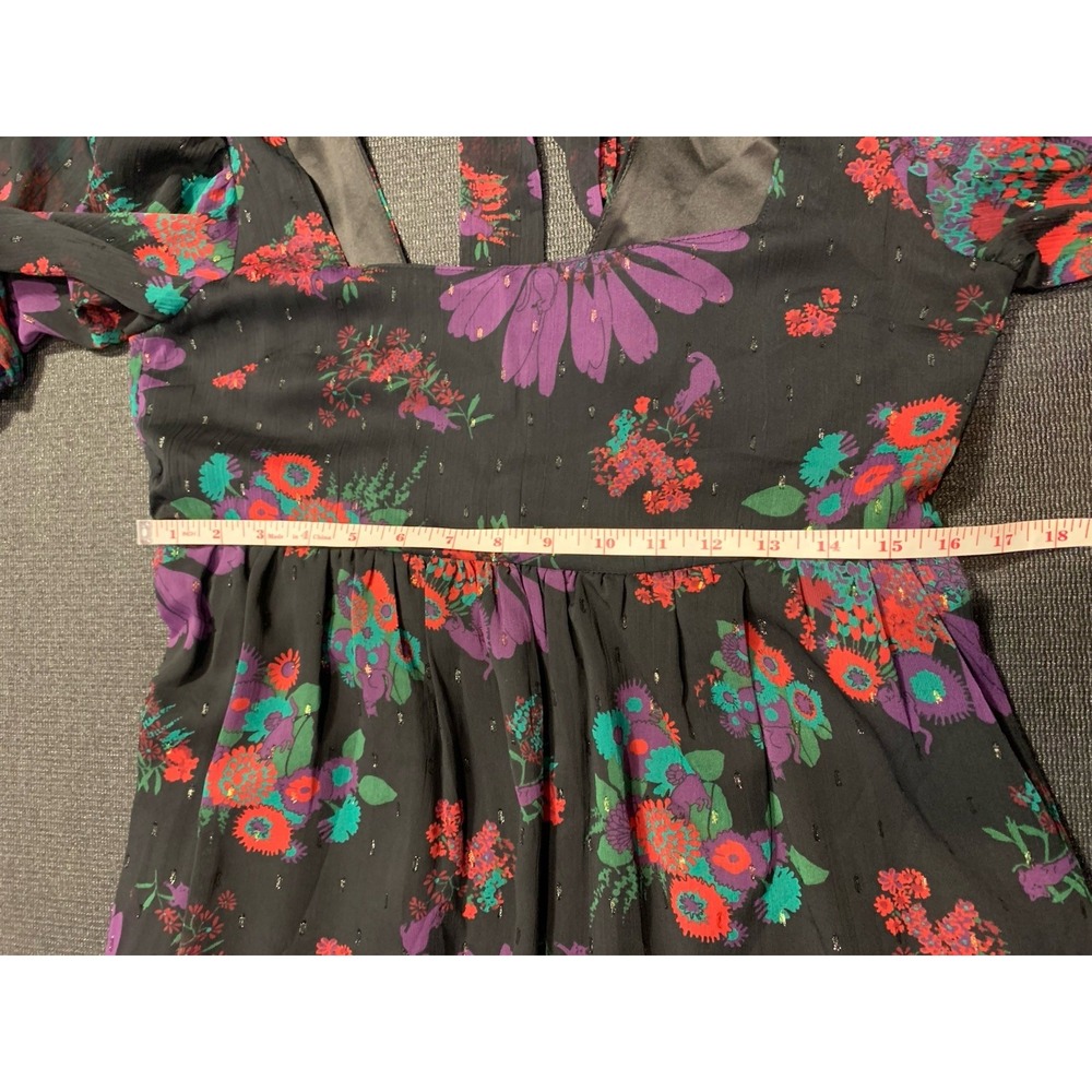 ModCloth Black Floral Puff Sleeve Babydoll Dress size Medium Meow Bouquet Retro - Picture 3 of 6